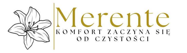 Logo firmy Merente na białym tle. Po lewej stronie znajduje się elegancka, czarno-biała grafika przedstawiająca kwiat lilii, z pionową, złotą linią oddzielającą ją od tekstu. Tekst w kolorze złotym to **"Merente"** oraz poniżej hasło: **"KOMFORT ZACZYNA SIĘ OD CZYSTOŚCI"**.